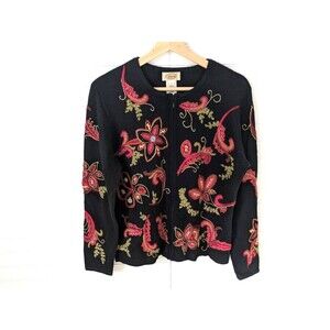 Vintage Talbots Cardigan Women Large Wool All-Over Embroidery Beaded Zipper 90s